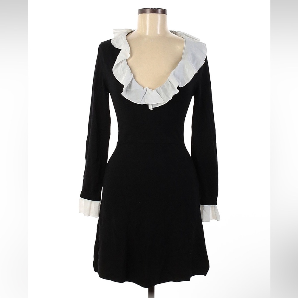 Zara Black Dress with White Ruffle Collar and Cuffs Medium